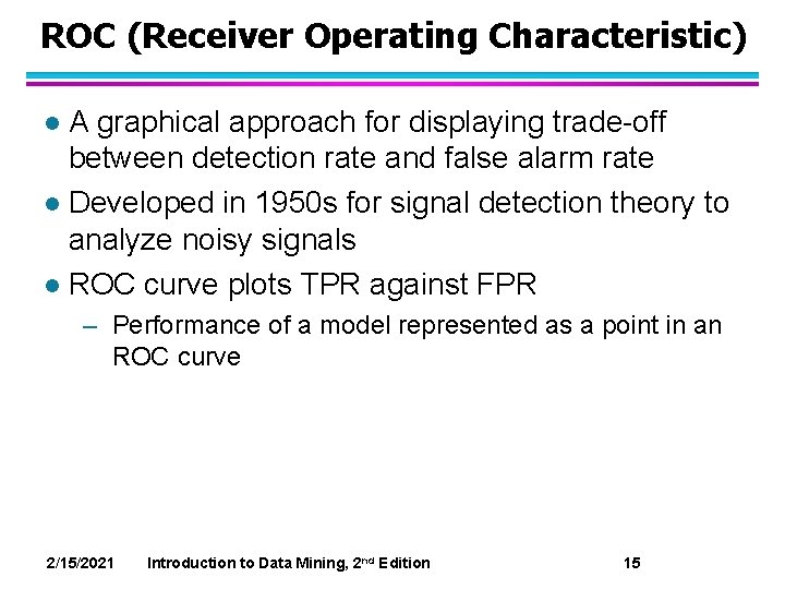 ROC (Receiver Operating Characteristic) A graphical approach for displaying trade-off between detection rate and