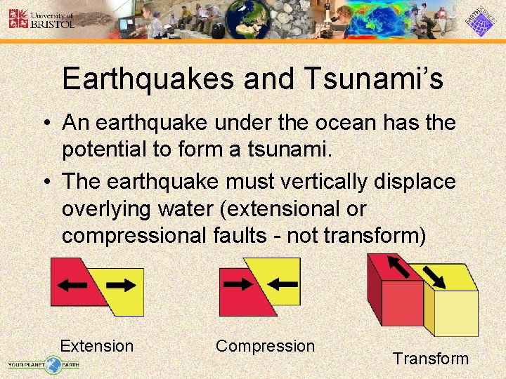 Earthquakes and Tsunami’s • An earthquake under the ocean has the potential to form