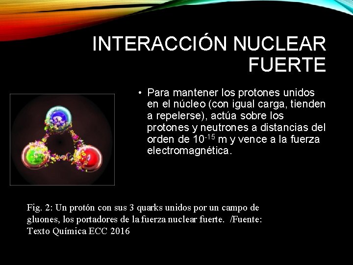 INTERACCIÓN NUCLEAR FUERTE • Para mantener los protones unidos en el núcleo (con igual