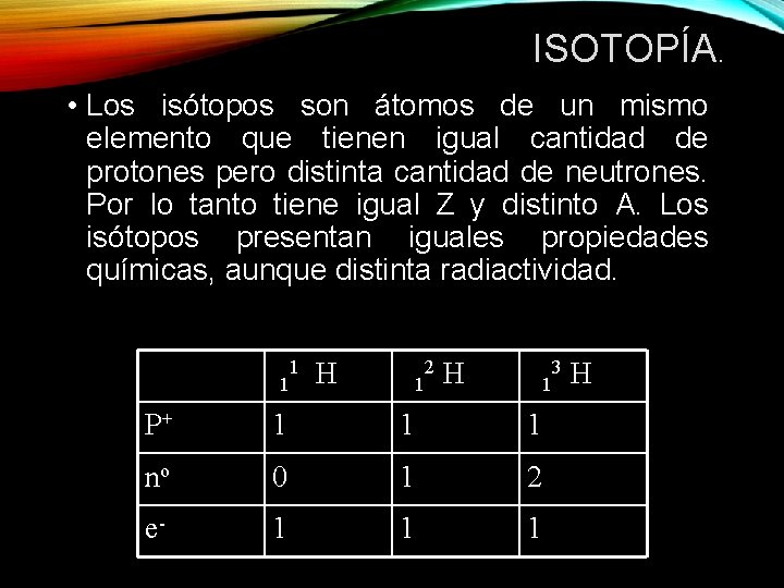 ISOTOPÍA. • Los isótopos son átomos de un mismo elemento que tienen igual cantidad