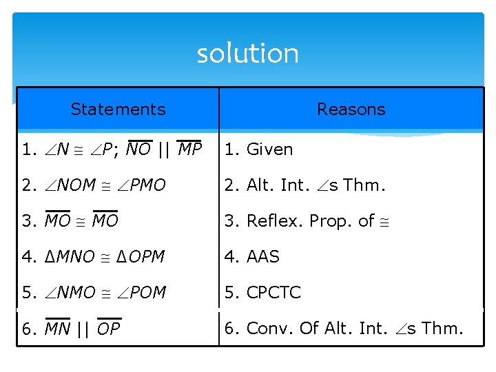 solution Statements Reasons 1. N P; NO || MP 1. Given 2. NOM PMO solution Statements Reasons 1. N P; NO || MP 1. Given 2. NOM PMO