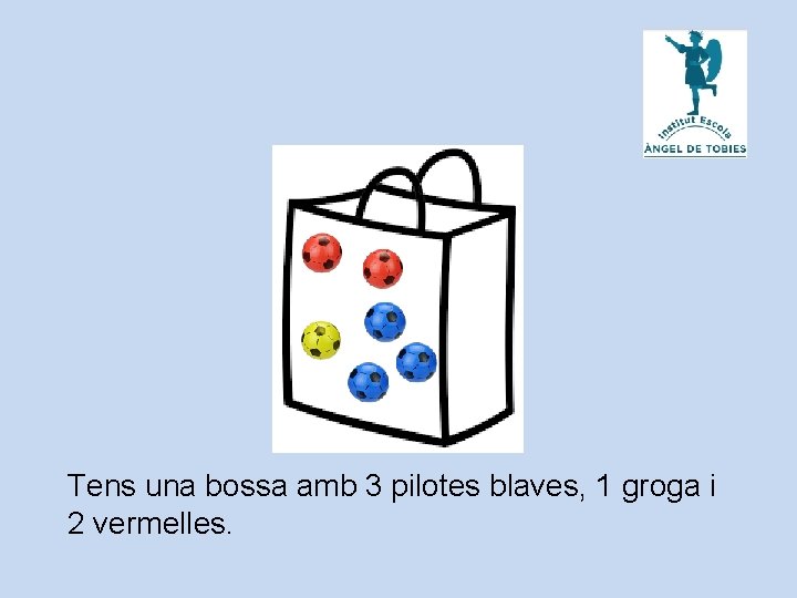 Tens una bossa amb 3 pilotes blaves, 1 groga i 2 vermelles. 