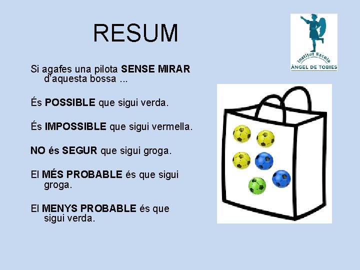 RESUM Si agafes una pilota SENSE MIRAR d’aquesta bossa. . . És POSSIBLE que