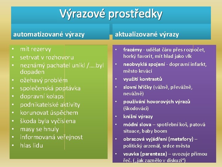 Výrazové prostředky automatizované výrazy aktualizované výrazy • mít rezervy • setrvat v rozhovoru •