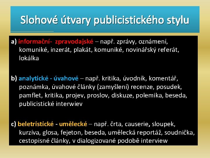 Slohové útvary publicistického stylu a) informační- zpravodajské – např. zprávy, oznámení, komuniké, inzerát, plakát,