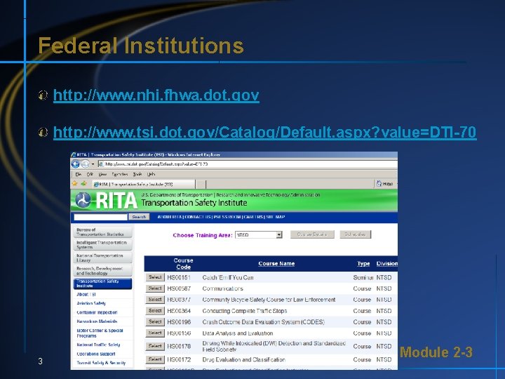 Federal Institutions http: //www. nhi. fhwa. dot. gov http: //www. tsi. dot. gov/Catalog/Default. aspx?