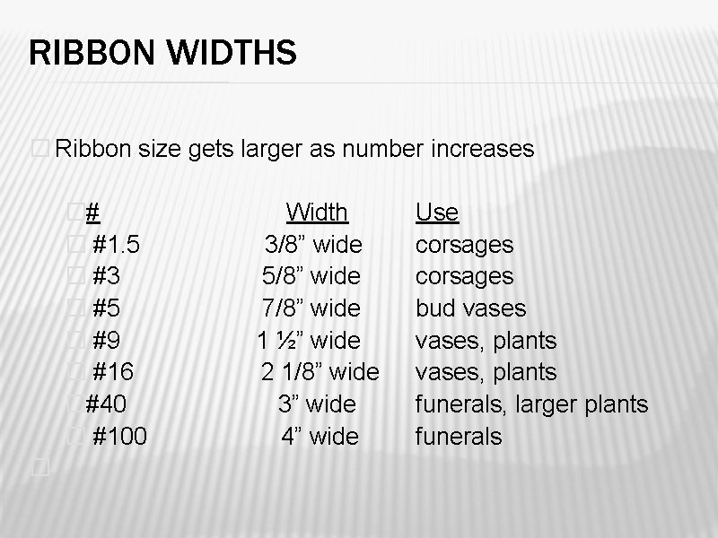 RIBBON WIDTHS � Ribbon size gets larger as number increases �# � #1. 5 RIBBON WIDTHS � Ribbon size gets larger as number increases �# � #1. 5