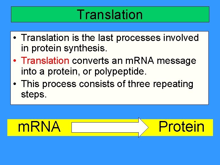 Translation • Translation is the last processes involved in protein synthesis. • Translation converts