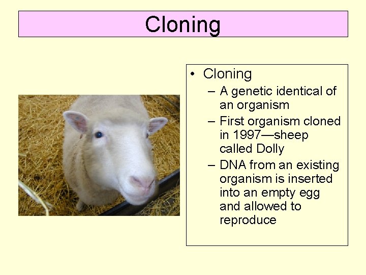 Cloning • Cloning – A genetic identical of an organism – First organism cloned