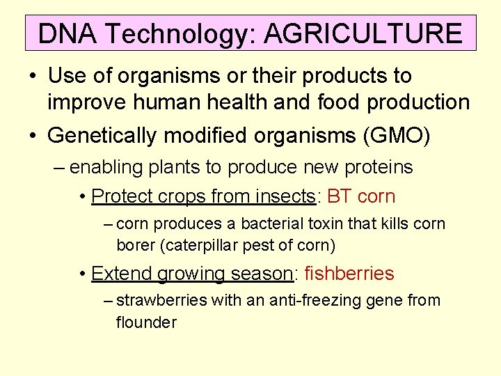 DNA Technology: AGRICULTURE • Use of organisms or their products to improve human health