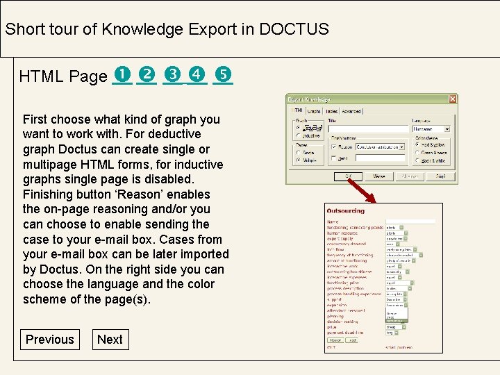 Short tour of Knowledge Export in DOCTUS HTML Page . First choose what kind