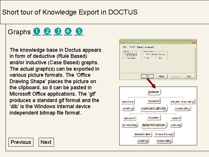 Short tour of Knowledge Export in DOCTUS Graphs The knowledge base in Doctus appears