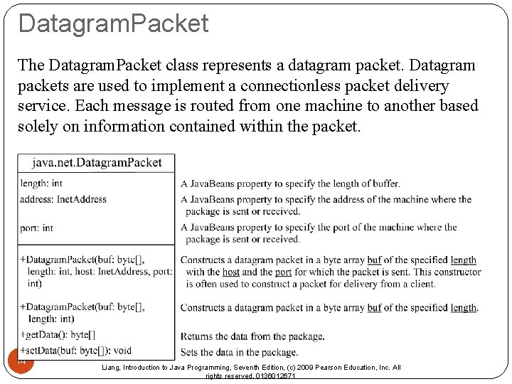 Datagram. Packet The Datagram. Packet class represents a datagram packet. Datagram packets are used