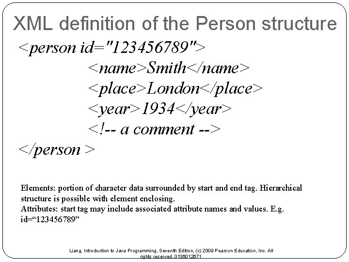 XML definition of the Person structure <person id="123456789"> <name>Smith</name> <place>London</place> <year>1934</year> <!-- a comment