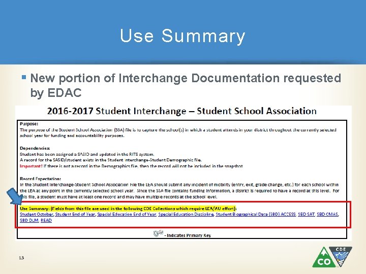 Use Summary § New portion of Interchange Documentation requested by EDAC 13 