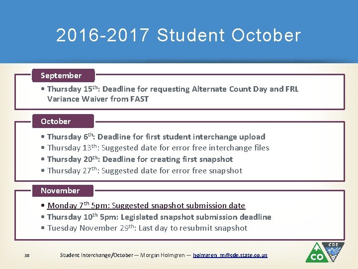 2016 -2017 Student October September • Thursday 15 th: Deadline for requesting Alternate Count