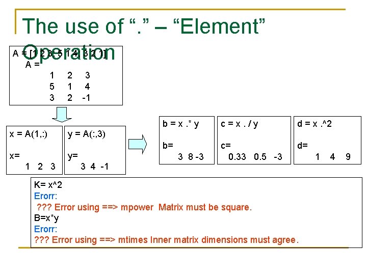 The use of “. ” – “Element” A= [1 2 3; 5 1 4; The use of “. ” – “Element” A= [1 2 3; 5 1 4;