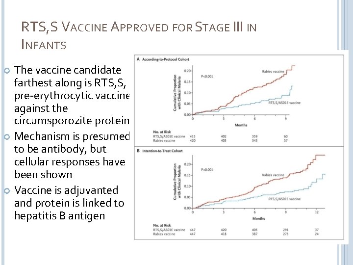 RTS, S VACCINE APPROVED FOR STAGE III IN INFANTS The vaccine candidate farthest along