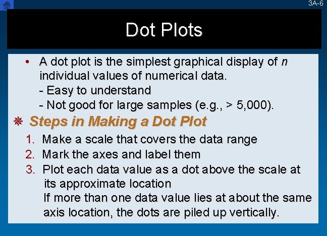 3 A-6 Dot Plots • A dot plot is the simplest graphical display of