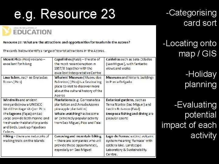 e. g. Resource 23 -Categorising card sort -Locating onto map / GIS -Holiday planning