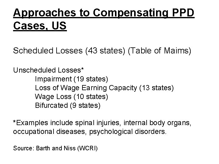 Approaches to Compensating PPD Cases, US Scheduled Losses (43 states) (Table of Maims) Unscheduled