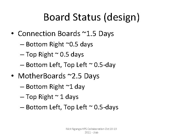 Board Status (design) • Connection Boards ~1. 5 Days – Bottom Right ~0. 5