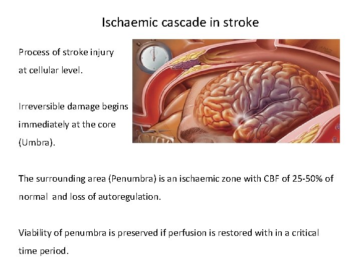 Ischaemic cascade in stroke Process of stroke injury at cellular level. Irreversible damage begins