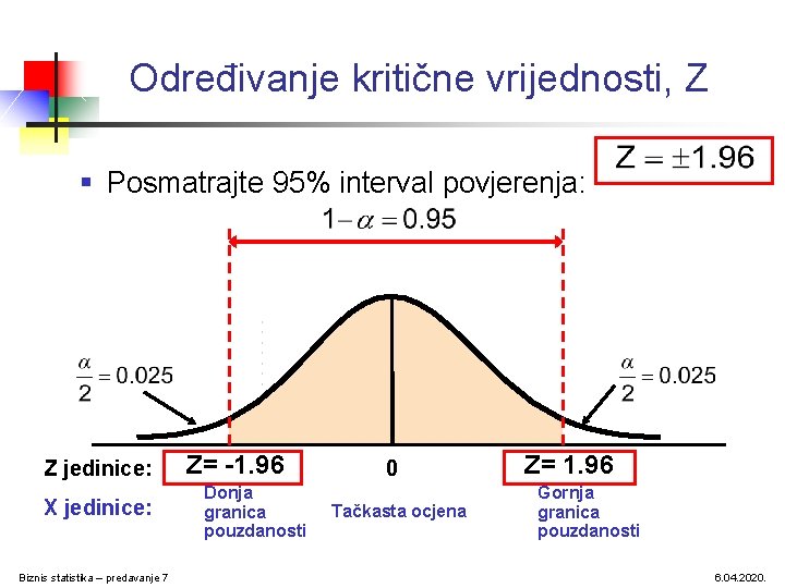 Određivanje kritične vrijednosti, Z § Posmatrajte 95% interval povjerenja: Z jedinice: X jedinice: Biznis Određivanje kritične vrijednosti, Z § Posmatrajte 95% interval povjerenja: Z jedinice: X jedinice: Biznis