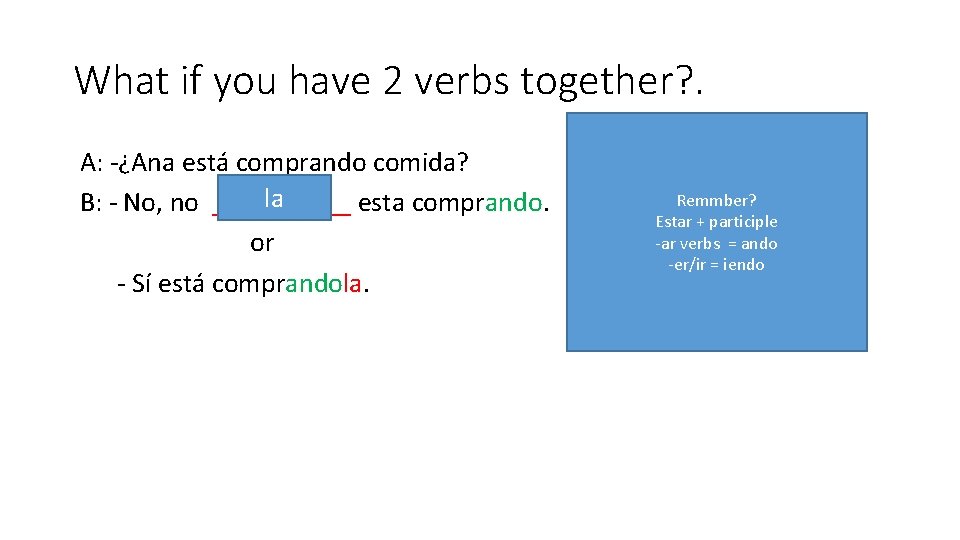 What if you have 2 verbs together? . A: -¿Ana está comprando comida? la