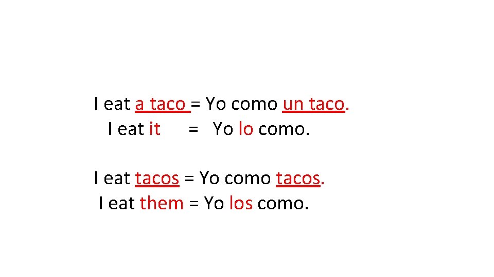 I eat a taco = Yo como un taco. I eat it = Yo