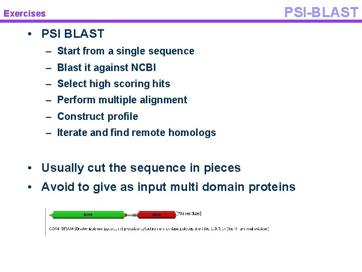 Exercises PSI-BLAST • PSI BLAST – Start from a single sequence – Blast it