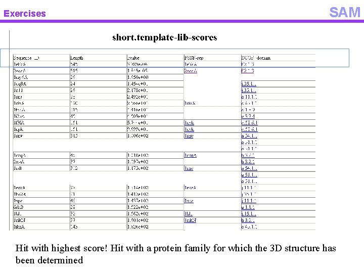 Exercises SAM Hit with highest score! Hit with a protein family for which the