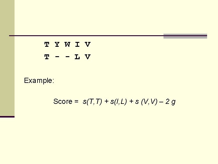 T Y W I V T - - L V Example: Score = s(T,