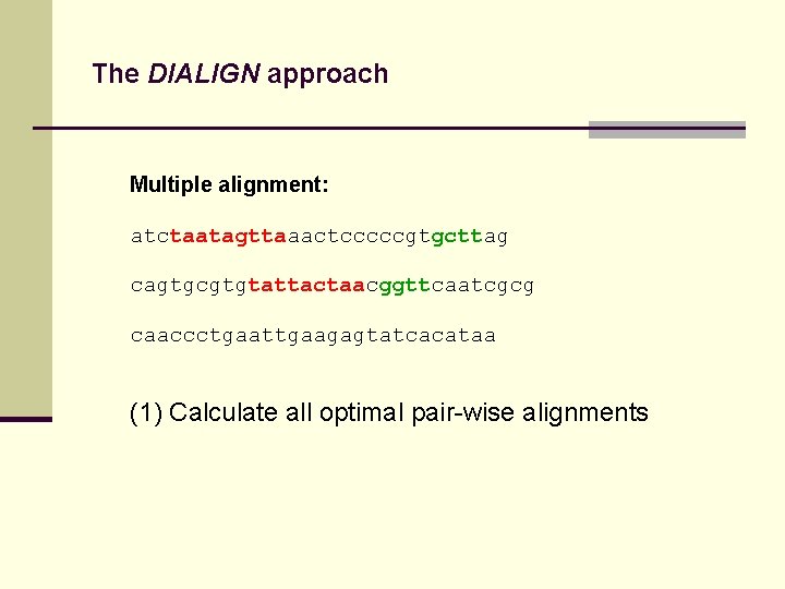 The DIALIGN approach Multiple alignment: atctaatagttaaactcccccgtgcttag cagtgcgtgtattactaacggttcaatcgcg caaccctgaattgaagagtatcacataa (1) Calculate all optimal pair-wise alignments