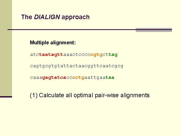 The DIALIGN approach Multiple alignment: atctaatagttaaactcccccgtgcttag cagtgcgtgtattactaacggttcaatcgcg caaagagtatcacccctgaataa (1) Calculate all optimal pair-wise alignments