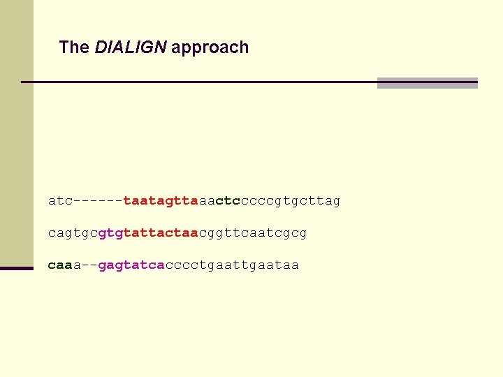 The DIALIGN approach atc------taatagttaaactcccccgtgcttag cagtgcgtgtattactaacggttcaatcgcg caaa--gagtatcacccctgaataa 