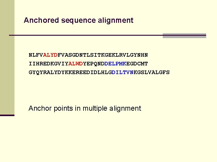 Anchored sequence alignment NLFVALYDFVASGDNTLSITKGEKLRVLGYNHN IIHREDKGVIYALWDYEPQNDDELPMKEGDCMT GYQYRALYDYKKEREEDIDLHLGDILTVNKGSLVALGFS Anchor points in multiple alignment 