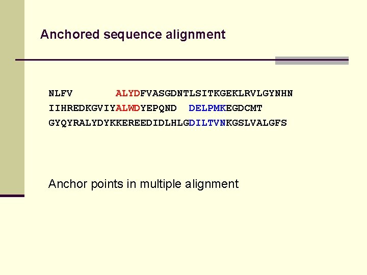 Anchored sequence alignment NLFV ALYDFVASGDNTLSITKGEKLRVLGYNHN IIHREDKGVIYALWDYEPQND DELPMKEGDCMT GYQYRALYDYKKEREEDIDLHLGDILTVNKGSLVALGFS Anchor points in multiple alignment 
