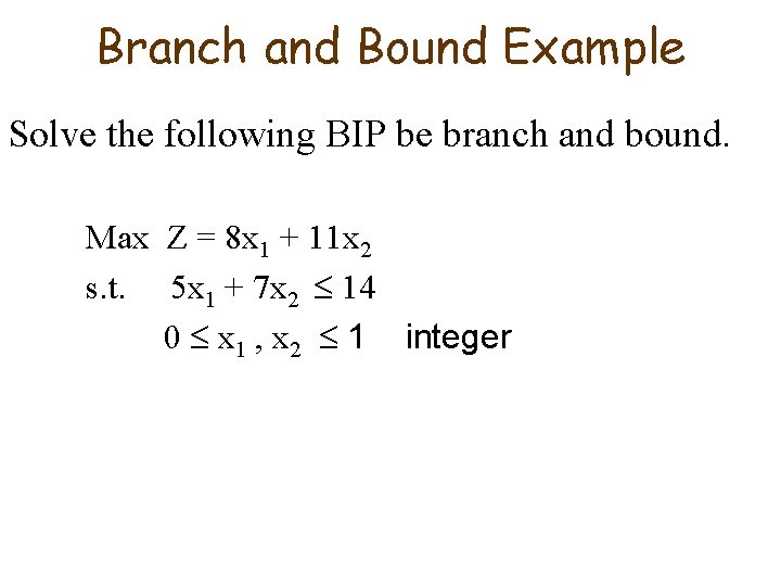 Branch and Bound Example Solve the following BIP be branch and bound. Max Z