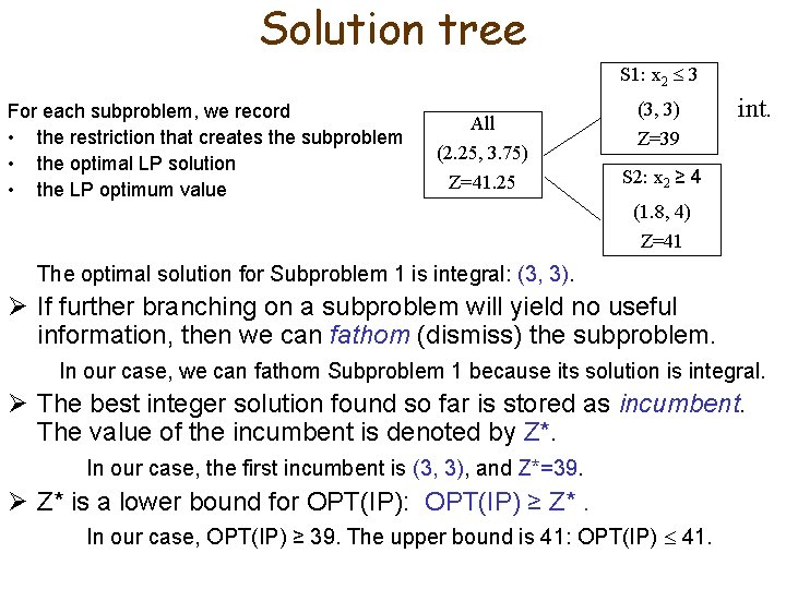 Solution tree S 1: x 2 3 For each subproblem, we record • the