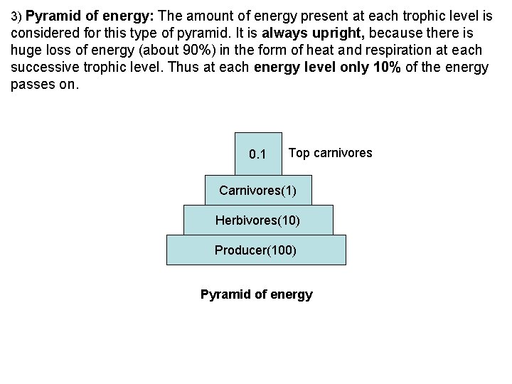 3) Pyramid of energy: The amount of energy present at each trophic level is