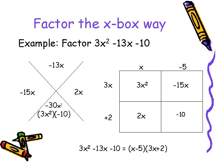Factor the x-box way Example: Factor 3 x 2 -13 x -10 -13 x