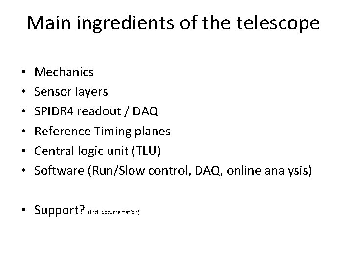 Main ingredients of the telescope • • • Mechanics Sensor layers SPIDR 4 readout