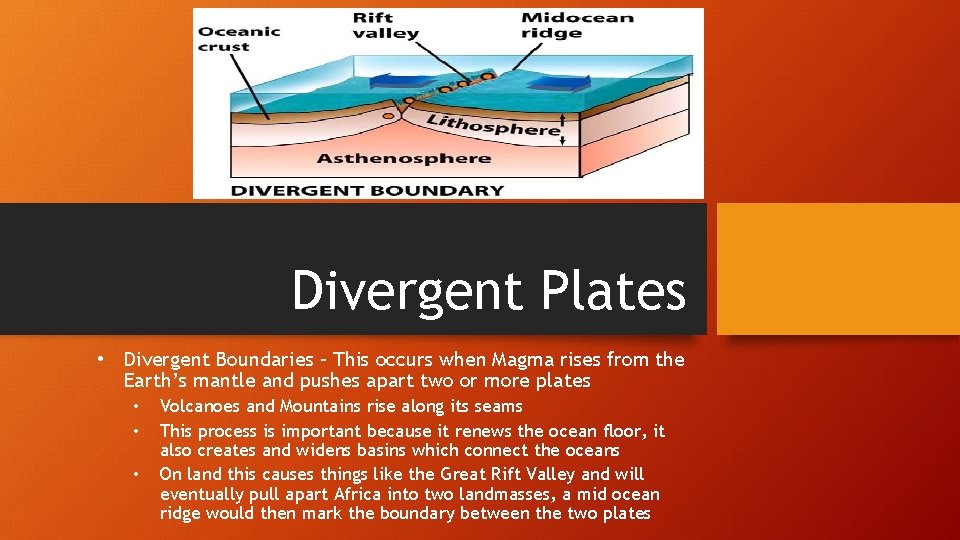 Divergent Plates • Divergent Boundaries – This occurs when Magma rises from the Earth’s