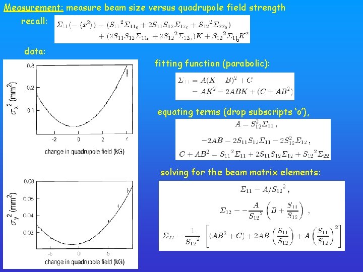 Measurement: measure beam size versus quadrupole field strength recall: o data: fitting function (parabolic):