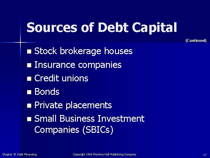 Sources of Debt Capital (Continued) Stock brokerage houses n Insurance companies n Credit unions
