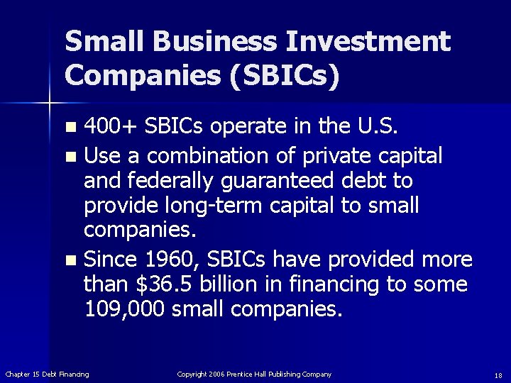 Small Business Investment Companies (SBICs) 400+ SBICs operate in the U. S. n Use