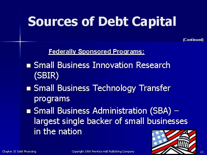 Sources of Debt Capital (Continued) Federally Sponsored Programs: Small Business Innovation Research (SBIR) n