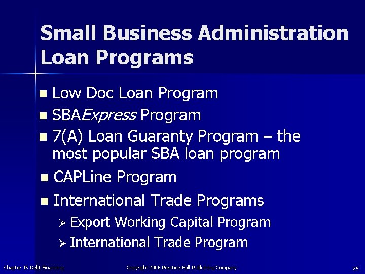 Small Business Administration Loan Programs Low Doc Loan Program n SBAExpress Program n 7(A)