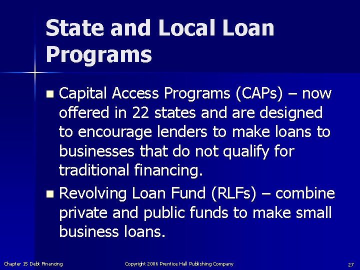 State and Local Loan Programs Capital Access Programs (CAPs) – now offered in 22